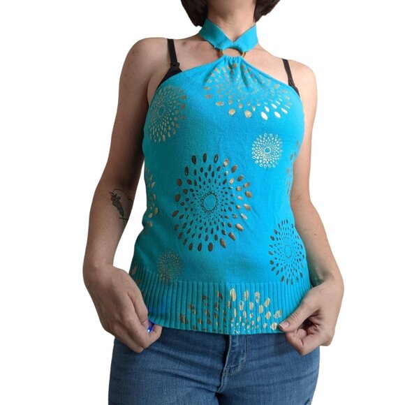 Vintage y2k Teal Gold Knit Halter Top - Picture 6 of 7